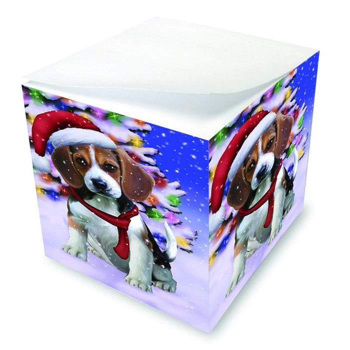 Winterland Wonderland Beagles Dog In Christmas Holiday Scenic Background Note Cube D638