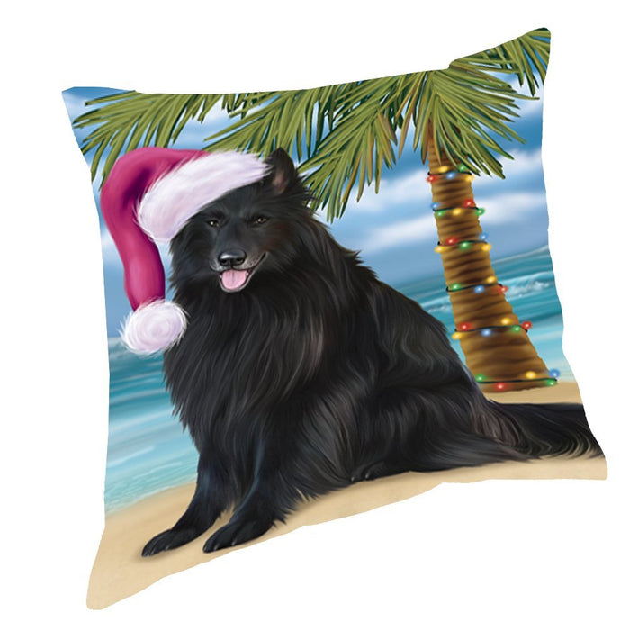Summertime Happy Holidays Christmas Belgian Shepherds Dog on Tropical Island Beach Throw Pillow