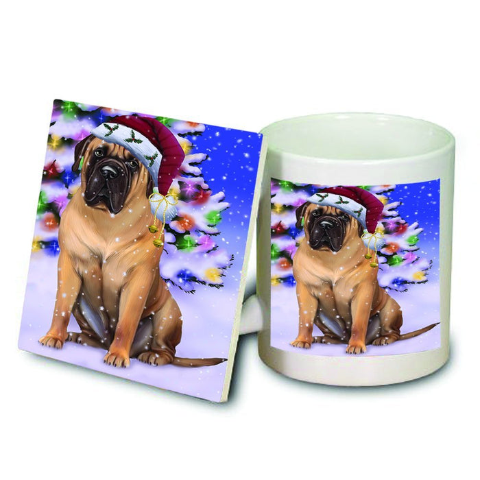 Winterland Wonderland Bullmastiff Dog In Christmas Holiday Scenic Background Mug and Coaster Set