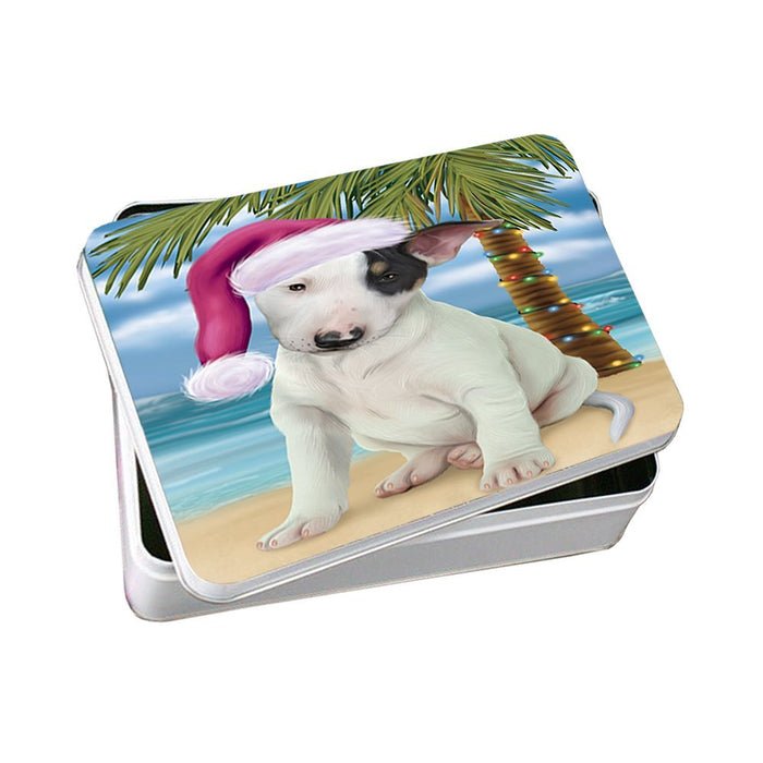 Summertime Happy Holidays Christmas Bull Terrier Dog on Tropical Island Beach Photo Storage Tin