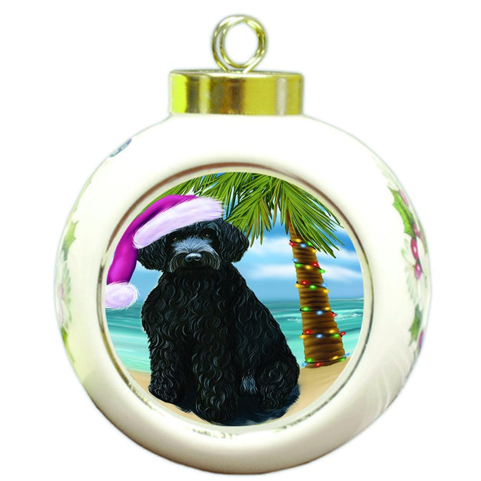 Summertime Happy Holidays Christmas Barbets Dog on Tropical Island Beach Round Ball Ornament D491