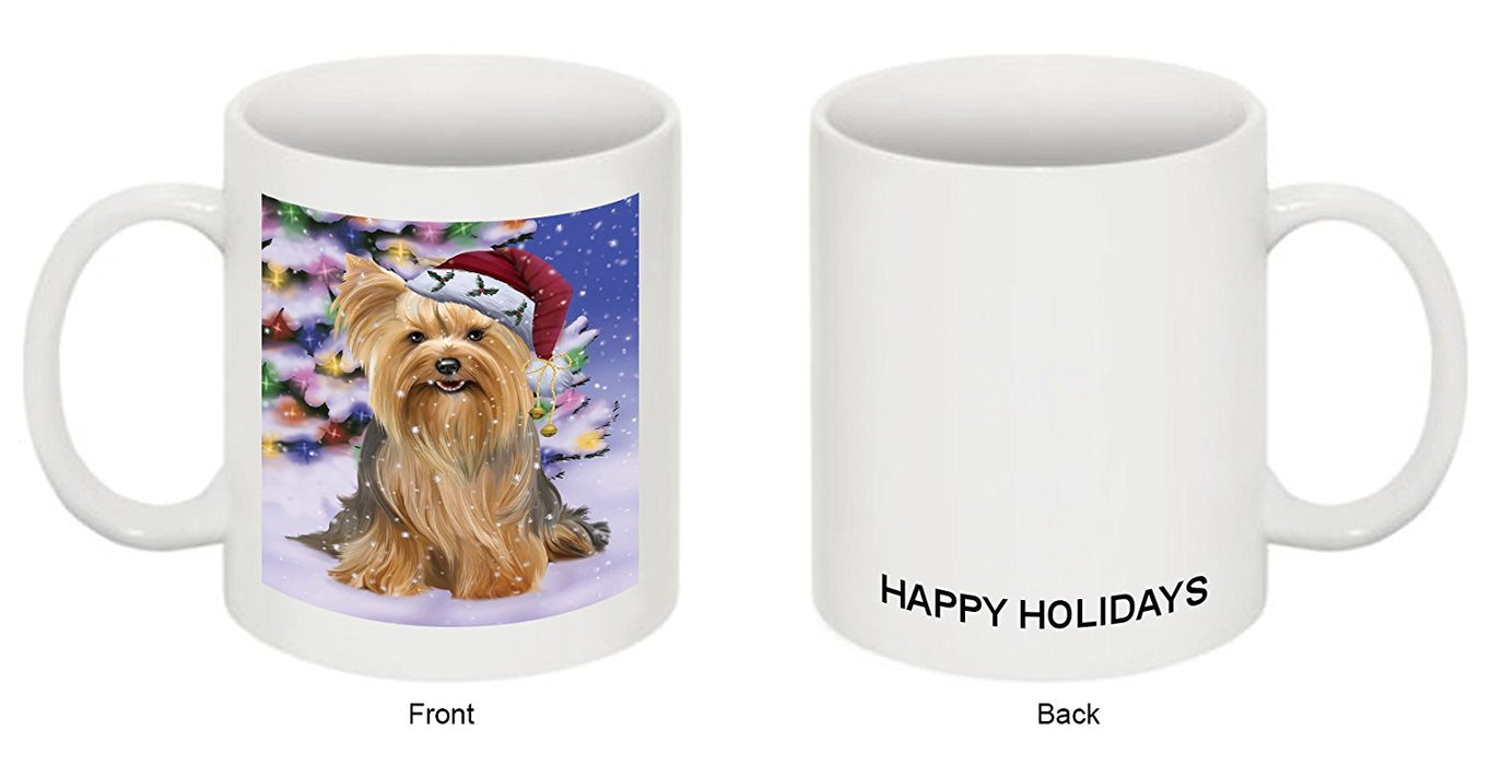 Winterland Wonderland Yorkshire Terriers Dog In Christmas Holiday Scenic Background Mug