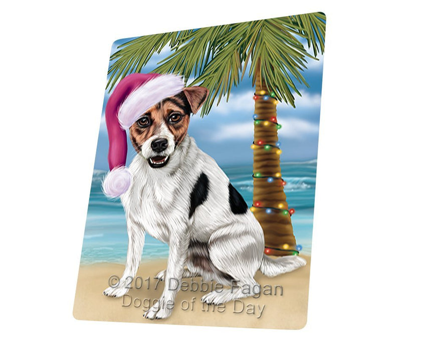 Summertime Happy Holidays Christmas Jack Russel Dog on Tropical Island Beach Tempered Cutting Board