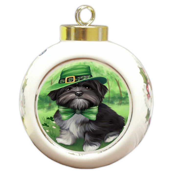 St. Patricks Day Irish Portrait Lhasa Apso Dog Round Ball Christmas Ornament RBPOR48831
