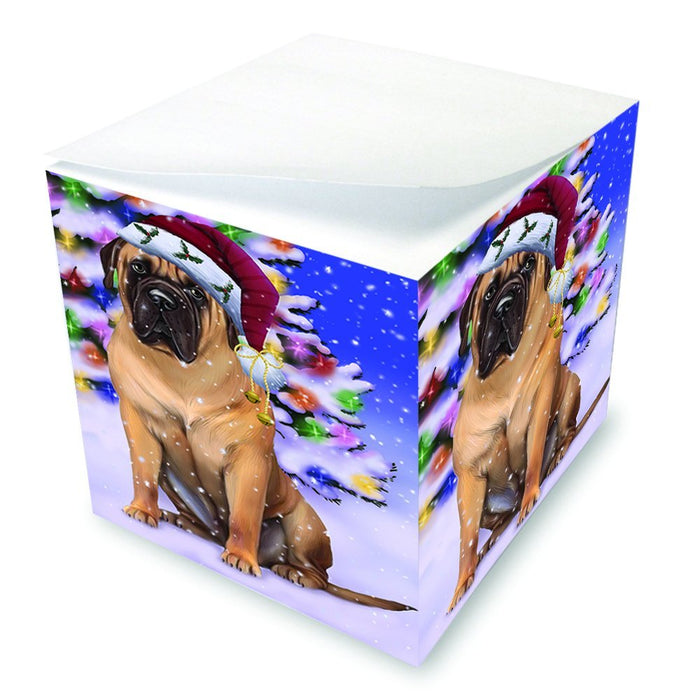 Winterland Wonderland Bullmastiff Dog In Christmas Holiday Scenic Background Note Cube D615