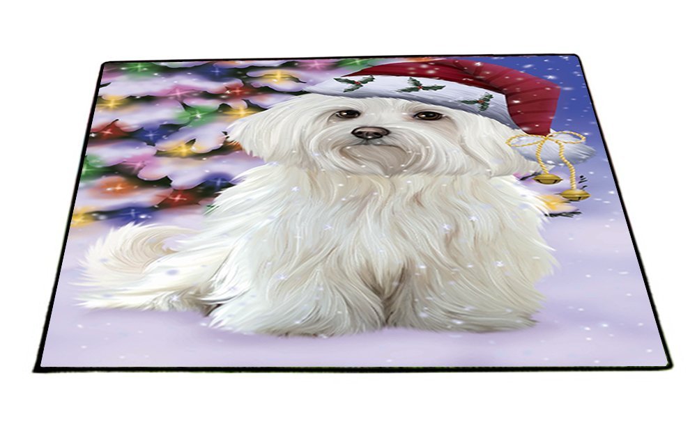 Winterland Wonderland Maltese Dog In Christmas Holiday Scenic Background Indoor/Outdoor Floormat