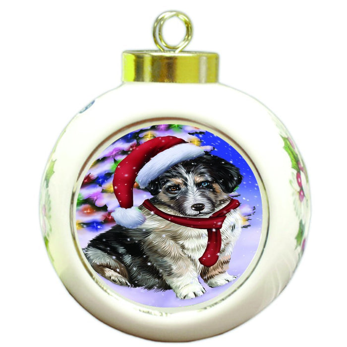 Winterland Wonderland Australian Shepherds Dog In Christmas Holiday Scenic Background Round Ball Ornament D541