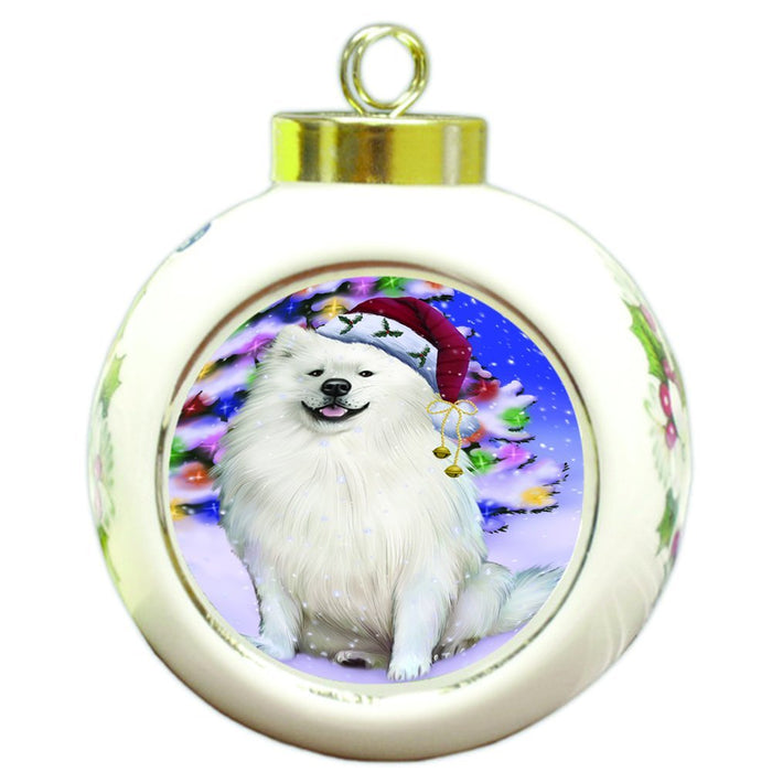 Winterland Wonderland American Eskimo Dog In Christmas Holiday Scenic Background Round Ball Ornament D517