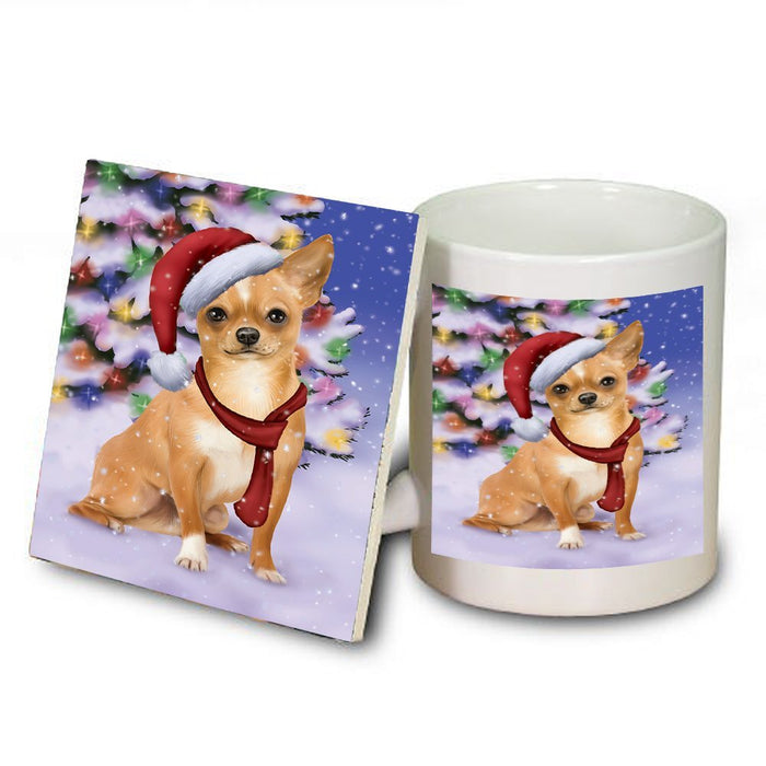 Winterland Wonderland Chihuahua Puppy Dog In Christmas Holiday Scenic Background Mug and Coaster Set
