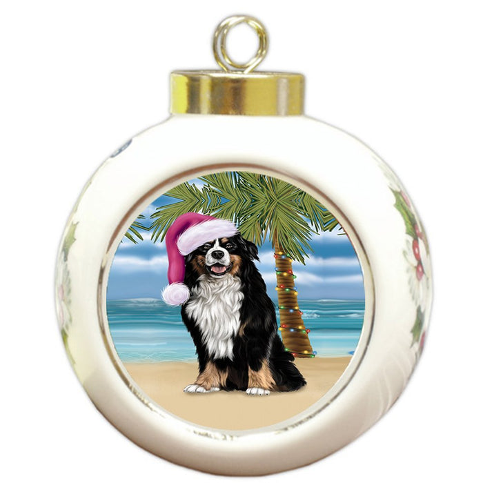 Summertime Happy Holidays Christmas Bernese Dog on Tropical Island Beach Round Ball Ornament