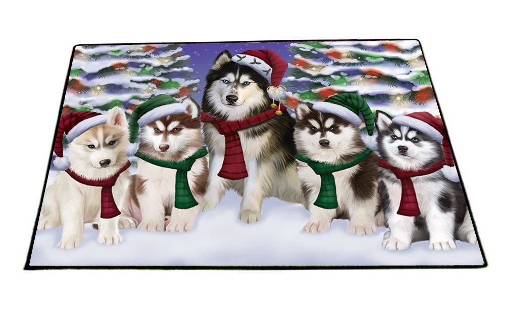 Siberian Huskies Dog Christmas Family Portrait in Holiday Scenic Background Indoor/Outdoor Floormat