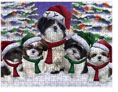 Shih Tzu Dog Christmas Family Portrait in Holiday Scenic Background Puzzle with Photo Tin (300 pc.)