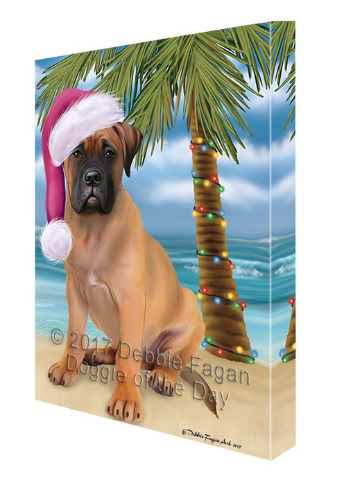 Summertime Happy Holidays Christmas Bull Mastiff Dog on Tropical Island Beach Canvas Wall Art