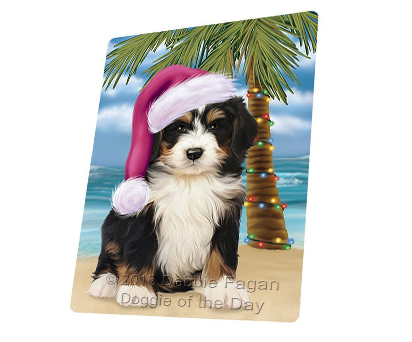 Summertime Happy Holidays Christmas Bernedoodle Dog on Tropical Island Beach Tempered Cutting Board (Small)