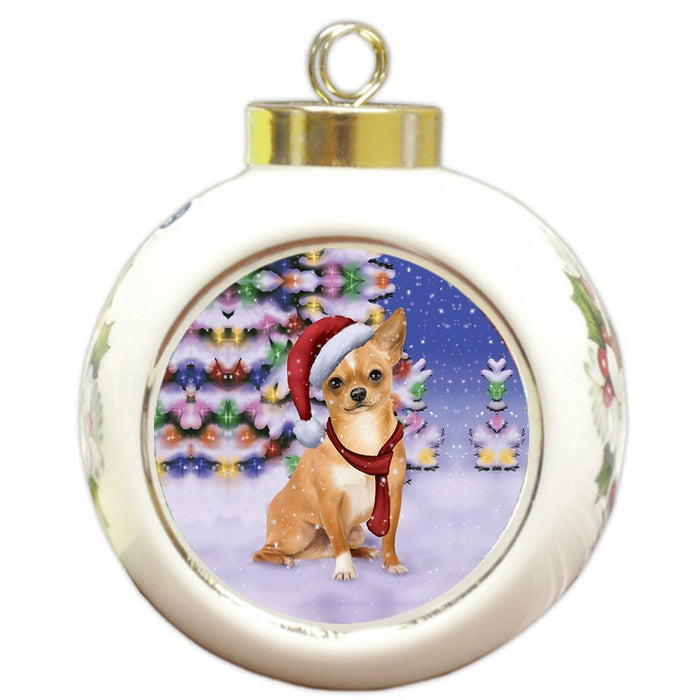 Winterland Wonderland Chihuahua Puppy Dog In Christmas Holiday Scenic Background Round Ball Ornament