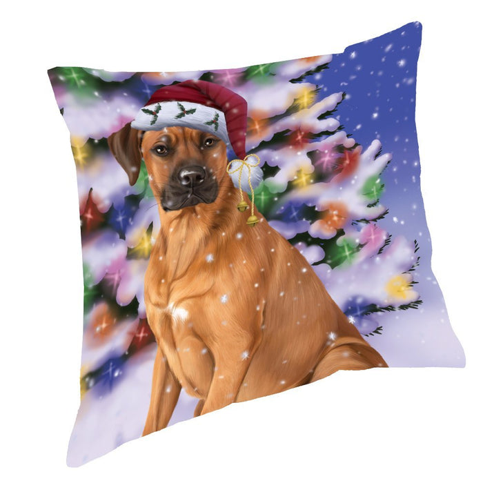 Winterland Wonderland Rhodesian Ridgebacks Dog In Christmas Holiday Scenic Background Throw Pillow