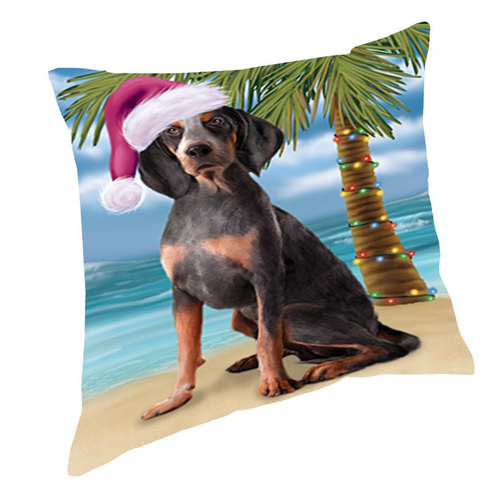 Summertime Christmas Happy Holidays American English Coonhound Dog on Beach Throw Pillow PIL1376
