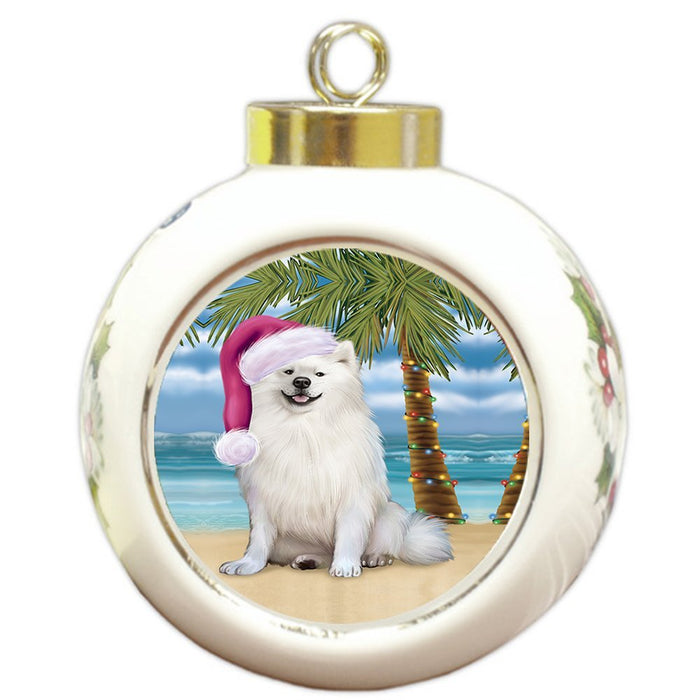 Summertime American Eskimo Adult Dog on Beach Christmas Round Ball Ornament POR1021