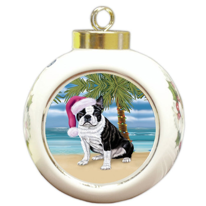 Summertime Happy Holidays Christmas Boston Terriers Dog on Tropical Island Beach Round Ball Ornament