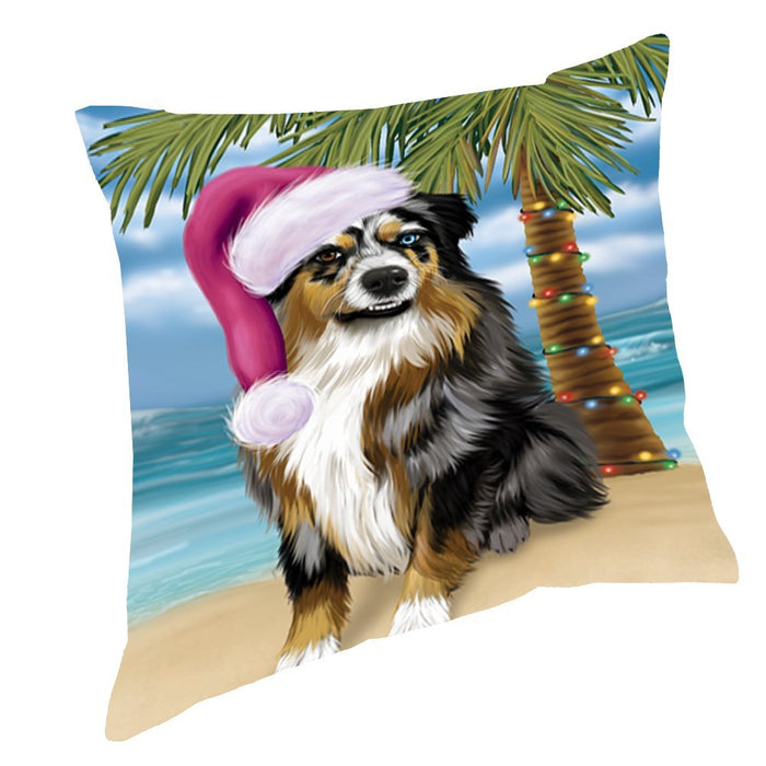 Summertime Happy Holidays Christmas Australian Shepherd Dog on Tropical Island Beach Throw Pillow