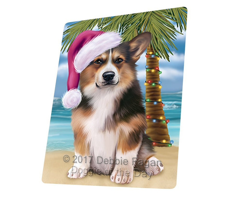 Summertime Happy Holidays Christmas Welsh Corgi Dog on Tropical Island Beach Tempered Cutting Board D143