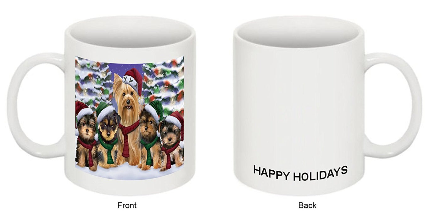 Yorkshire Terriers Dog Christmas Family Portrait in Holiday Scenic Background Mug
