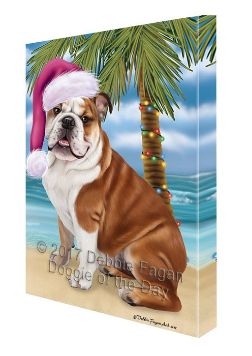 Summertime Happy Holidays Christmas Bulldog Dog on Tropical Island Beach Canvas Wall Art