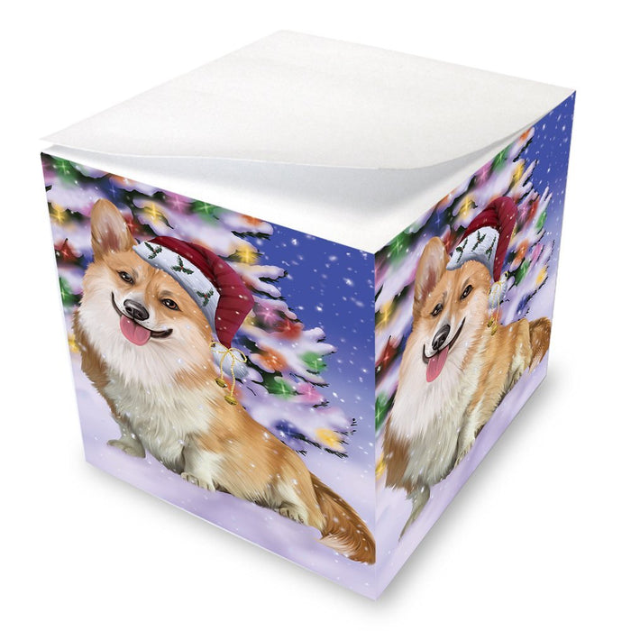 Winterland Wonderland Corgis Dog In Christmas Holiday Scenic Background Note Cube D593