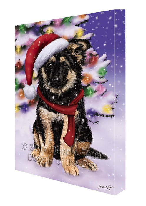 Winterland Wonderland German Shepherd Puppy Dog In Christmas Holiday Scenic Background Painting Printed on Canvas Wall Art