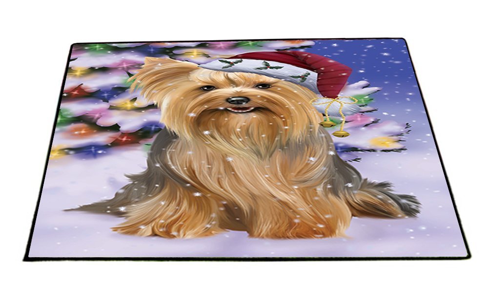 Winterland Wonderland Yorkshire Terriers Dog In Christmas Holiday Scenic Background Indoor/Outdoor Floormat