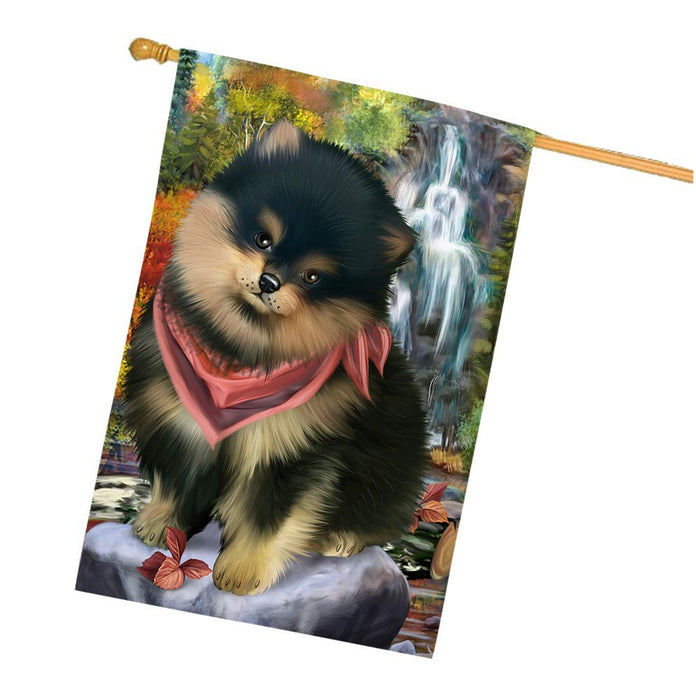 Scenic Waterfall Pomeranian Dog House Flag FLGA49437