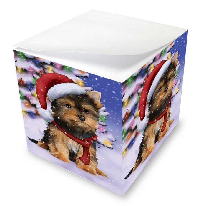 Winterland Wonderland Yorkshire Terriers Puppy Dog In Christmas Holiday Scenic Background Note Cube D606