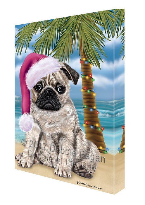 Summertime Happy Holidays Christmas Pugs Dog on Tropical Island Beach Canvas Wall Art
