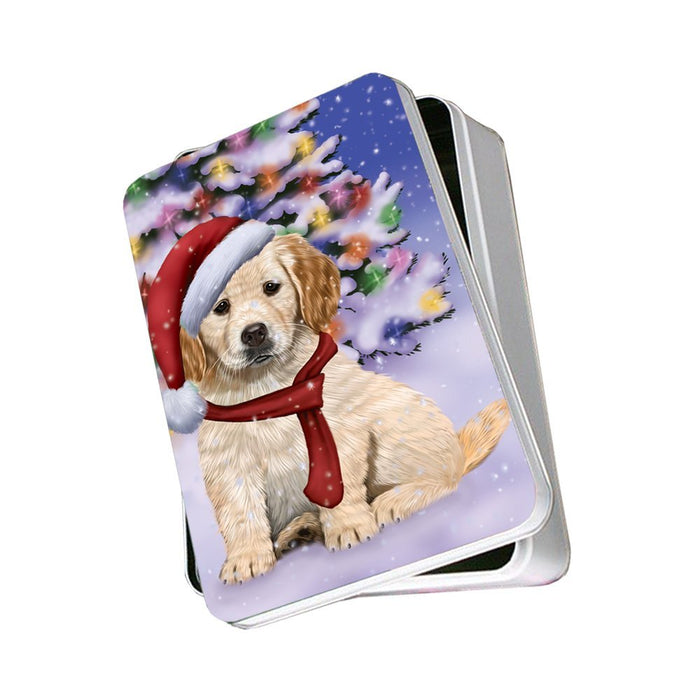 Winterland Wonderland Golden Retrievers Dog In Christmas Holiday Scenic Background Photo Storage Tin