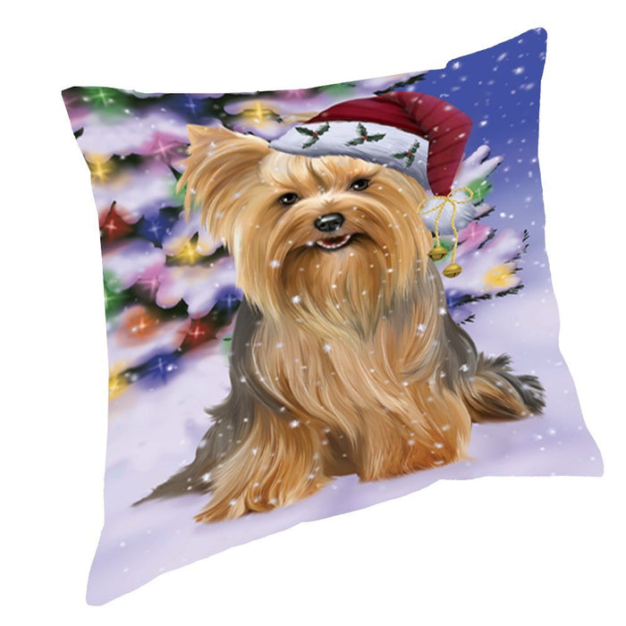 Winterland Wonderland Yorkshire Terriers Dog In Christmas Holiday Scenic Background Throw Pillow