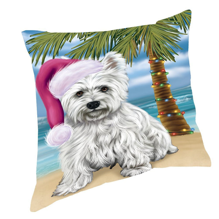 Summertime Happy Holidays Christmas West Highland Terriers Dog on Tropical Island Beach Throw Pillow