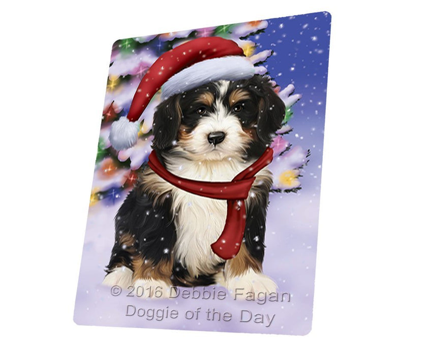 Winterland Wonderland Bernedoodle Puppy Dog In Christmas Holiday Scenic Background Tempered Cutting Board