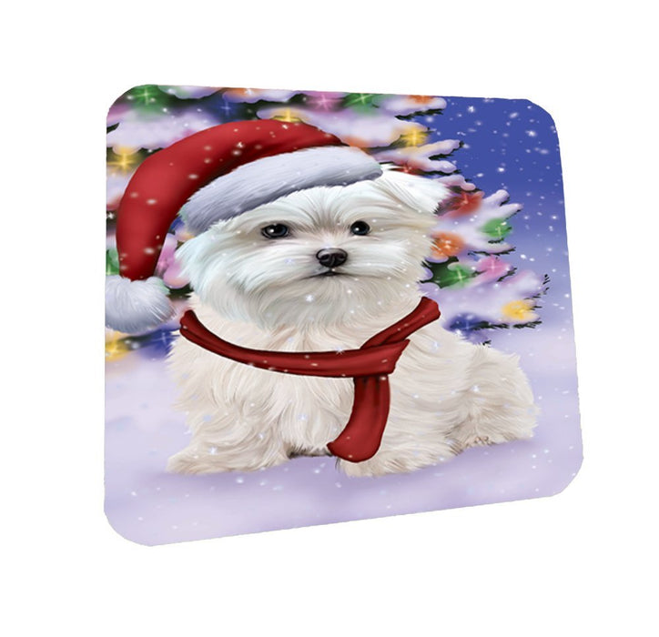 Winterland Wonderland Maltese Puppy Dog In Christmas Holiday Scenic Background Coasters Set of 4