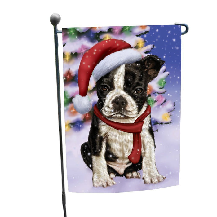 Winterland Wonderland Boston Dog In Christmas Holiday Scenic Background Garden Flag