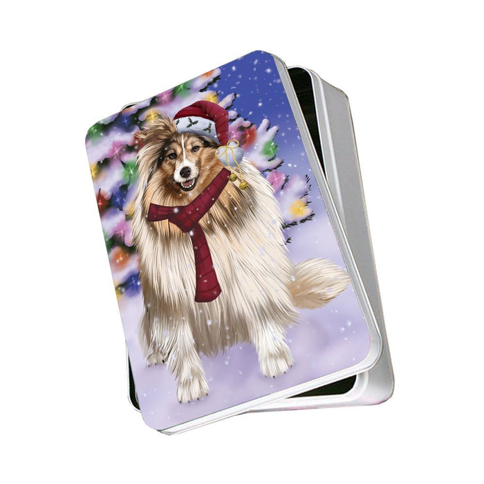 Winterland Wonderland Shetland Dog In Christmas Holiday Scenic Background Photo Storage Tin