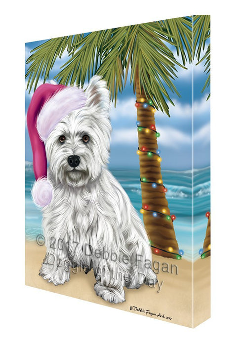 Summertime Happy Holidays Christmas West Highland Terriers Dog on Tropical Island Beach Canvas Wall Art