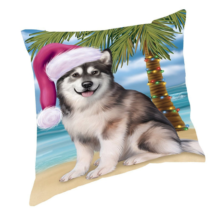 Summertime Christmas Happy Holidays Alaskan Malamute Adult Dog on Beach Throw Pillow PIL1360