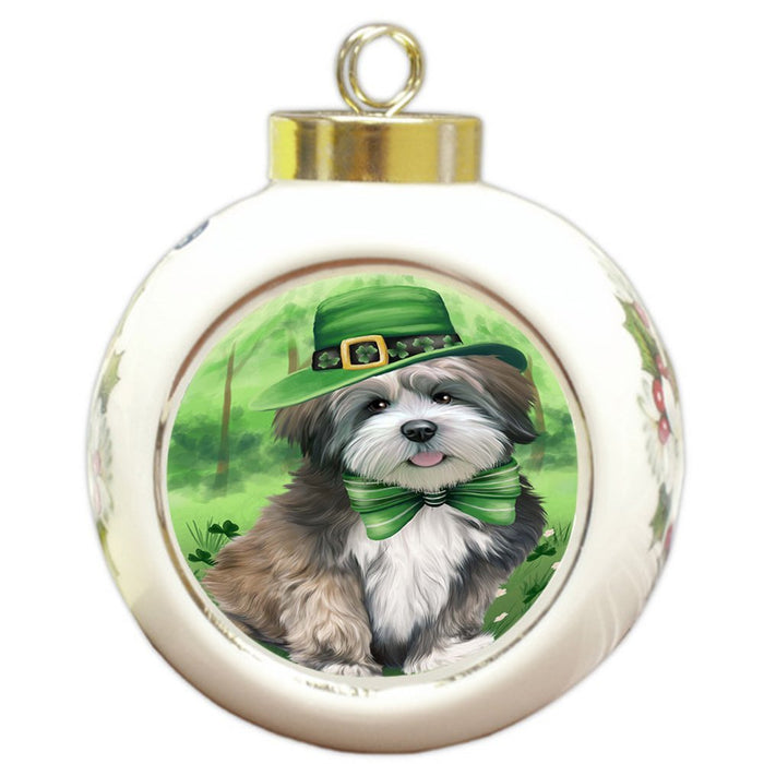 St. Patricks Day Irish Portrait Lhasa Apso Dog Round Ball Christmas Ornament RBPOR48829