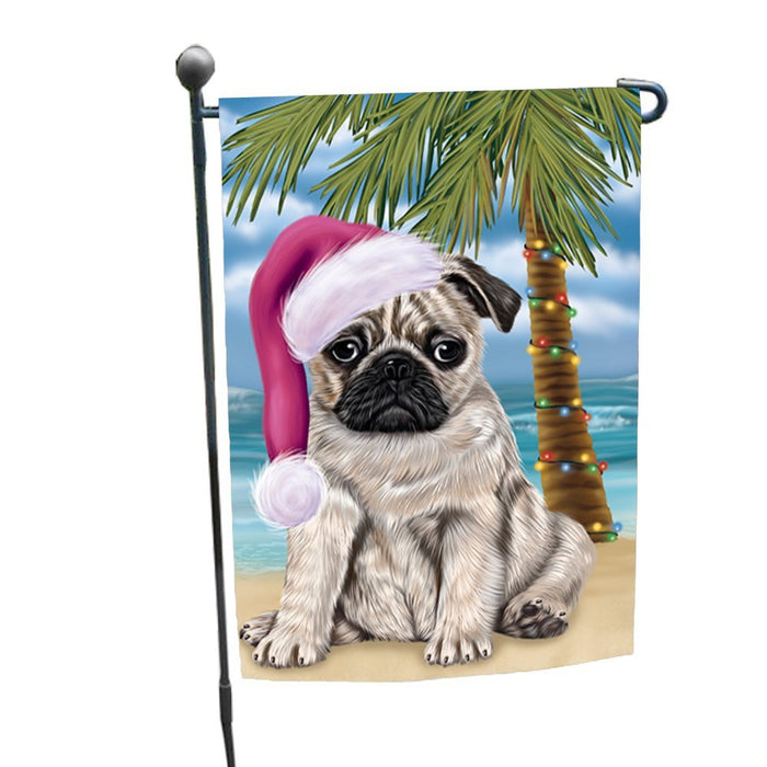 Summertime Happy Holidays Christmas Pugs Dog on Tropical Island Beach Garden Flag