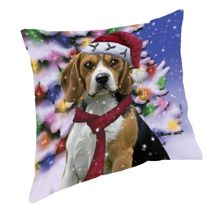 Winterland Wonderland Beagles Dog In Christmas Holiday Scenic Background Throw Pillow