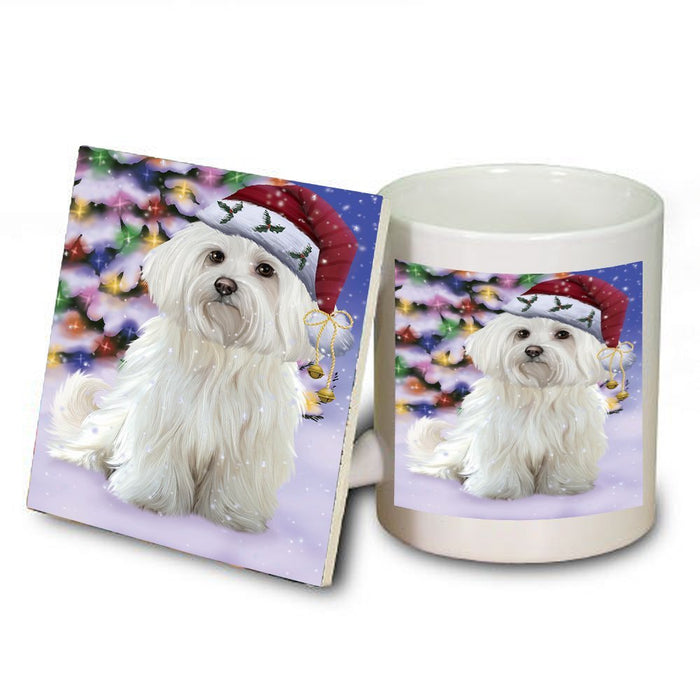 Winterland Wonderland Maltese Dog In Christmas Holiday Scenic Background Mug and Coaster Set
