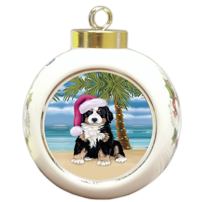 Summertime Happy Holidays Christmas Bernese Dog on Tropical Island Beach Round Ball Ornament