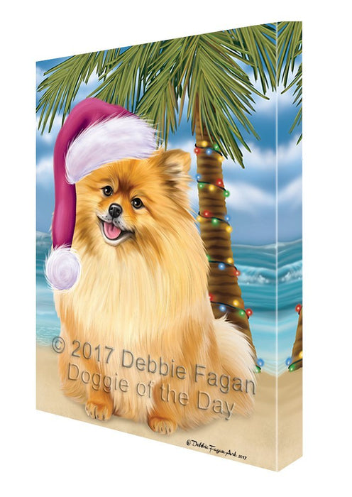 Summertime Happy Holidays Christmas Pomeranians Dog on Tropical Island Beach Canvas Wall Art