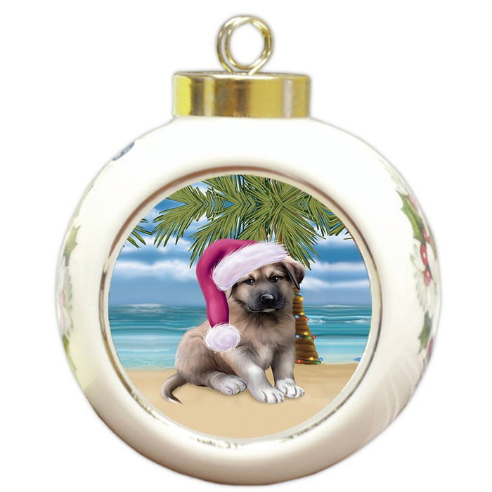 Summertime Happy Holidays Christmas Anatolian Shepherds Dog on Tropical Island Beach Round Ball Ornament