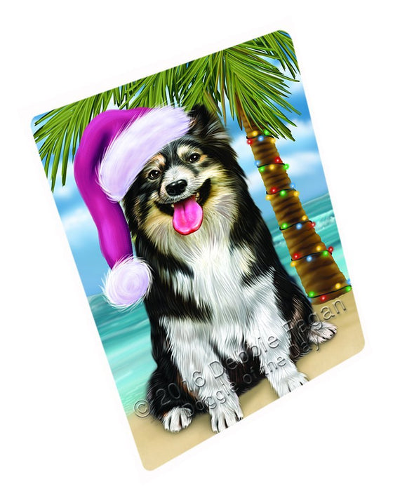 Summertime Happy Holidays Christmas Australian Shepherd Dog on Tropical Island Beach Tempered Cutting Board (Small)